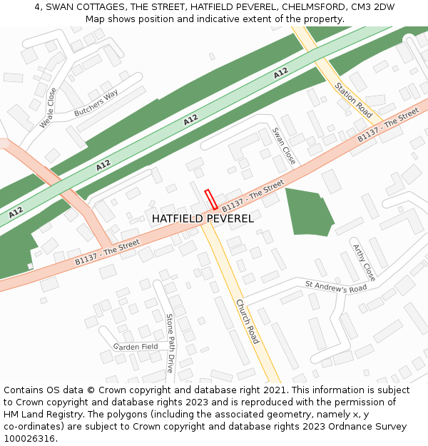 4, SWAN COTTAGES, THE STREET, HATFIELD PEVEREL, CHELMSFORD, CM3 2DW: Location map and indicative extent of plot