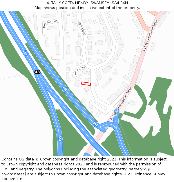 4, TAL Y COED, HENDY, SWANSEA, SA4 0XN: Location map and indicative extent of plot