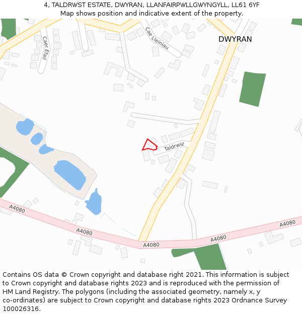 4, TALDRWST ESTATE, DWYRAN, LLANFAIRPWLLGWYNGYLL, LL61 6YF: Location map and indicative extent of plot