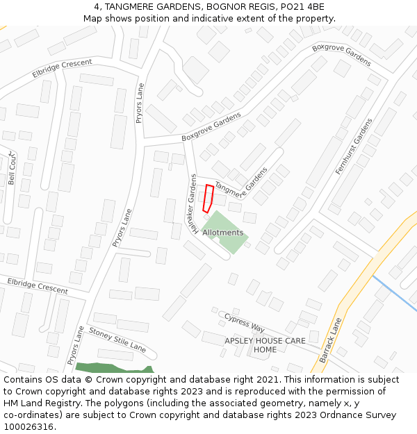 4, TANGMERE GARDENS, BOGNOR REGIS, PO21 4BE: Location map and indicative extent of plot