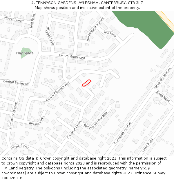 4, TENNYSON GARDENS, AYLESHAM, CANTERBURY, CT3 3LZ: Location map and indicative extent of plot