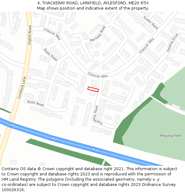 4, THACKERAY ROAD, LARKFIELD, AYLESFORD, ME20 6TH: Location map and indicative extent of plot