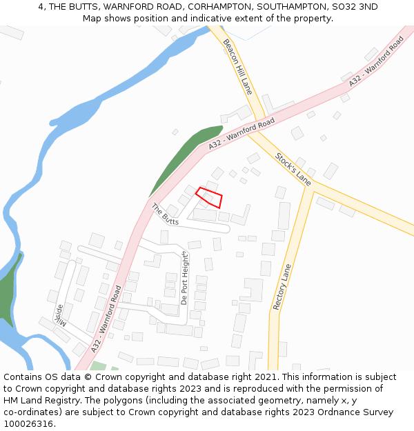 4, THE BUTTS, WARNFORD ROAD, CORHAMPTON, SOUTHAMPTON, SO32 3ND: Location map and indicative extent of plot