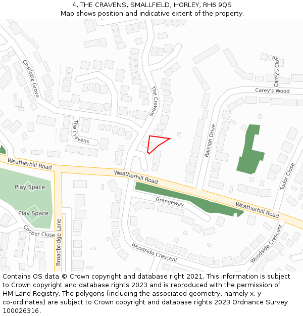 4, THE CRAVENS, SMALLFIELD, HORLEY, RH6 9QS: Location map and indicative extent of plot