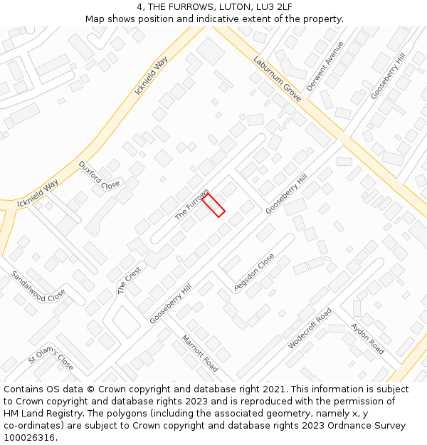4, THE FURROWS, LUTON, LU3 2LF: Location map and indicative extent of plot
