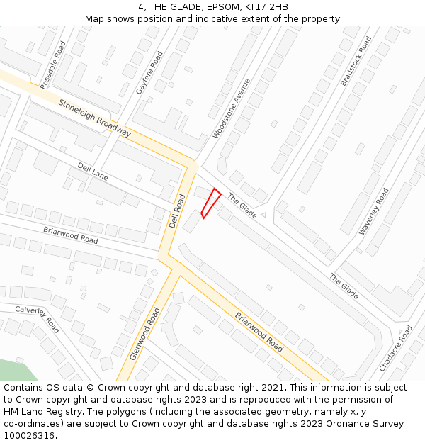 4, THE GLADE, EPSOM, KT17 2HB: Location map and indicative extent of plot