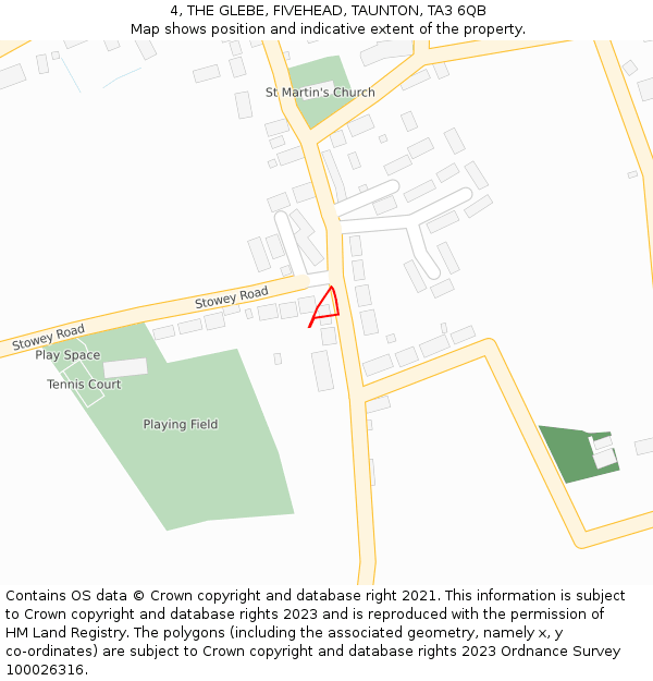 4, THE GLEBE, FIVEHEAD, TAUNTON, TA3 6QB: Location map and indicative extent of plot