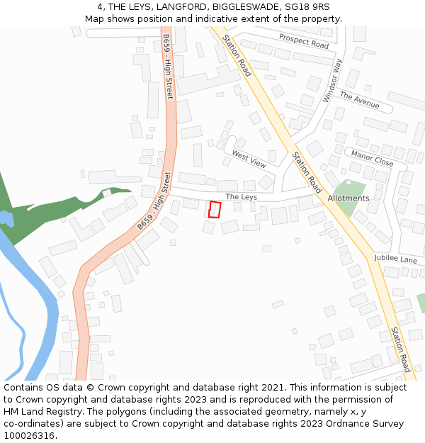 4, THE LEYS, LANGFORD, BIGGLESWADE, SG18 9RS: Location map and indicative extent of plot