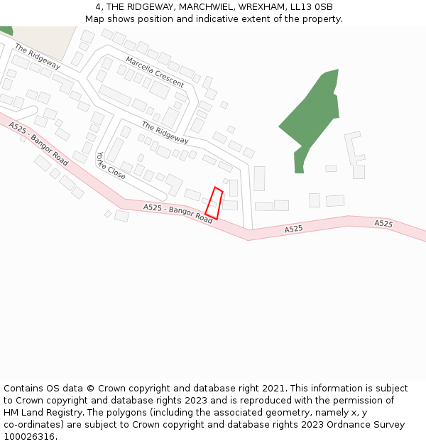 4, THE RIDGEWAY, MARCHWIEL, WREXHAM, LL13 0SB: Location map and indicative extent of plot