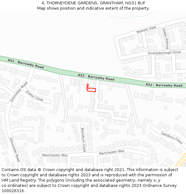 4, THORNEYDENE GARDENS, GRANTHAM, NG31 8UF: Location map and indicative extent of plot