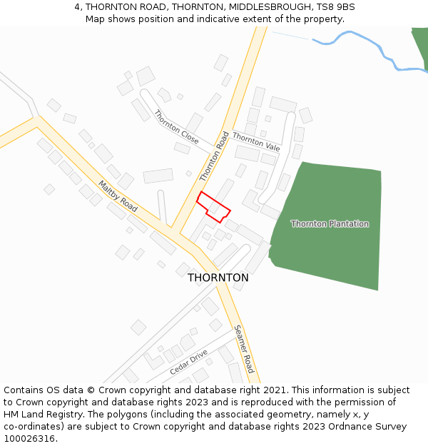 4, THORNTON ROAD, THORNTON, MIDDLESBROUGH, TS8 9BS: Location map and indicative extent of plot