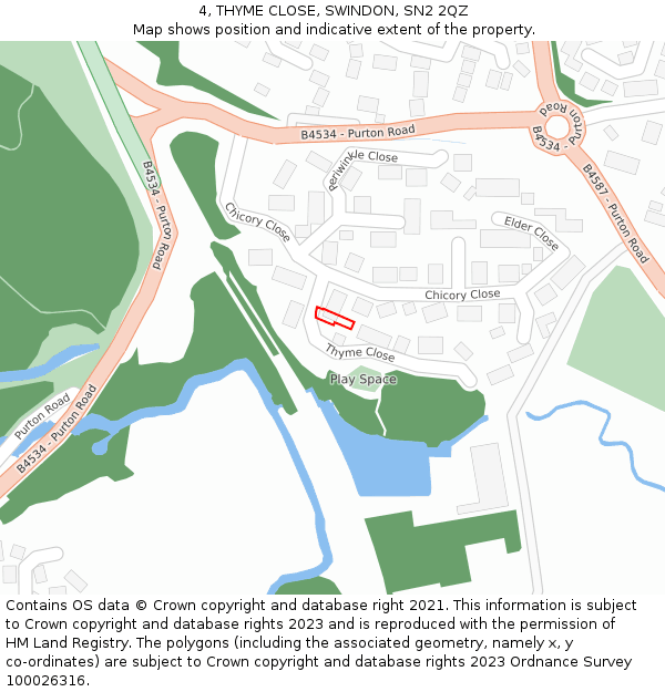 4, THYME CLOSE, SWINDON, SN2 2QZ: Location map and indicative extent of plot