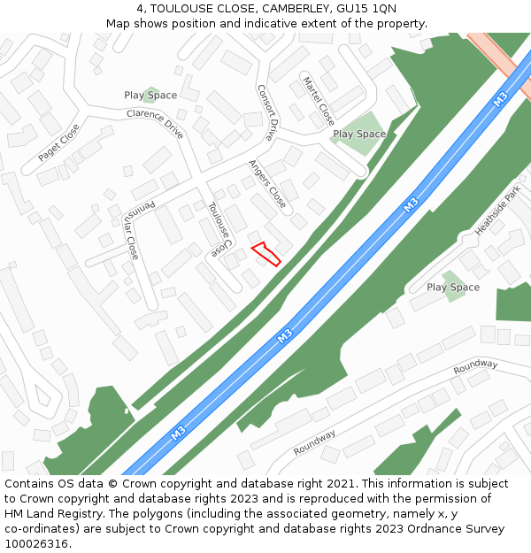 4, TOULOUSE CLOSE, CAMBERLEY, GU15 1QN: Location map and indicative extent of plot