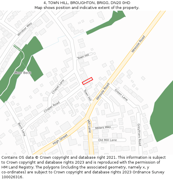 4, TOWN HILL, BROUGHTON, BRIGG, DN20 0HD: Location map and indicative extent of plot