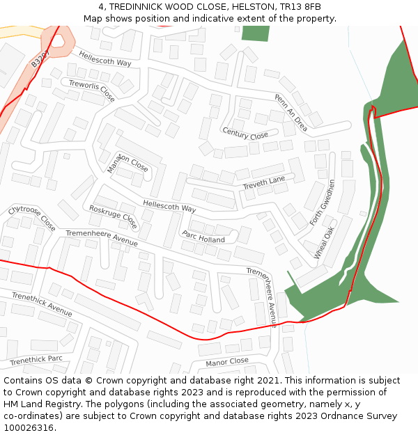 4, TREDINNICK WOOD CLOSE, HELSTON, TR13 8FB: Location map and indicative extent of plot