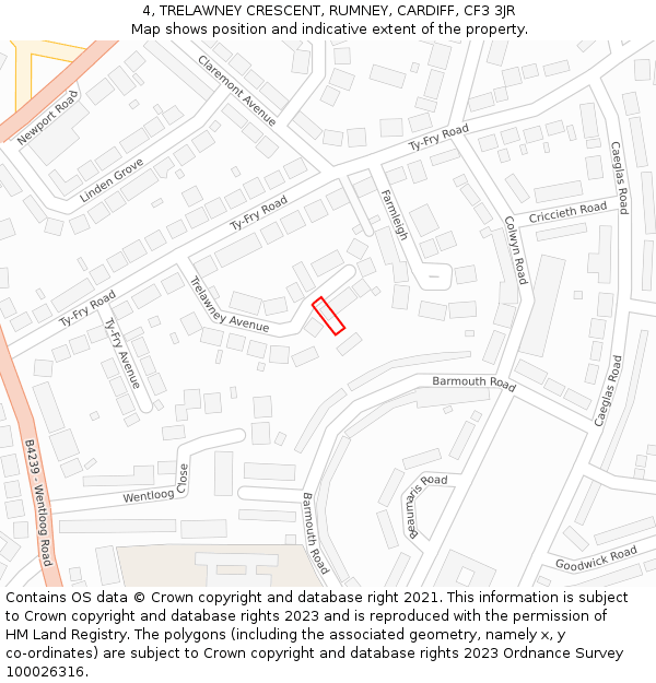 4, TRELAWNEY CRESCENT, RUMNEY, CARDIFF, CF3 3JR: Location map and indicative extent of plot