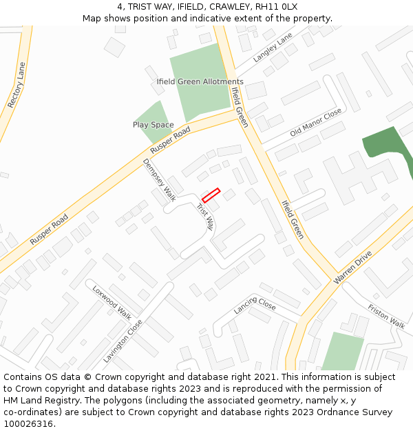 4, TRIST WAY, IFIELD, CRAWLEY, RH11 0LX: Location map and indicative extent of plot