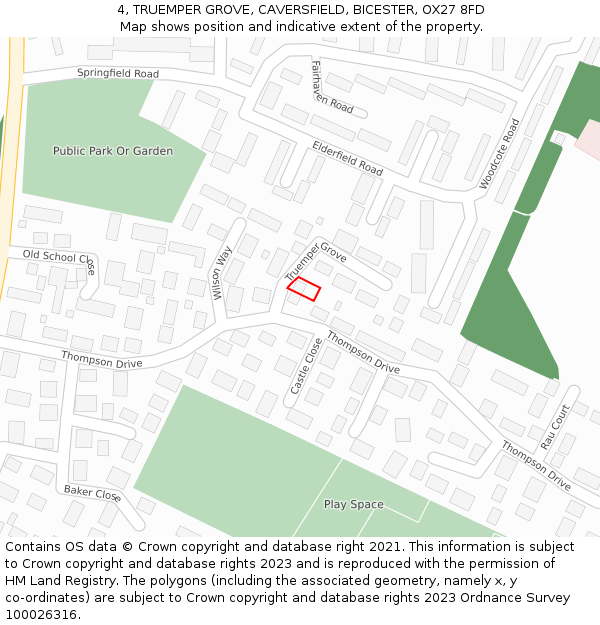 4, TRUEMPER GROVE, CAVERSFIELD, BICESTER, OX27 8FD: Location map and indicative extent of plot