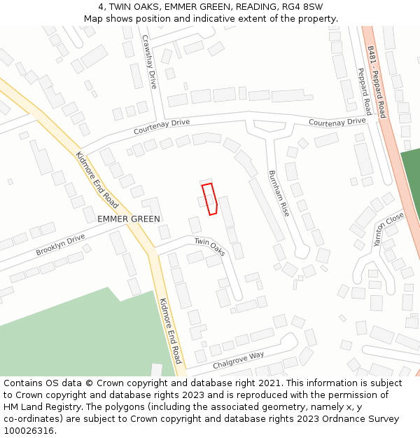 4, TWIN OAKS, EMMER GREEN, READING, RG4 8SW: Location map and indicative extent of plot