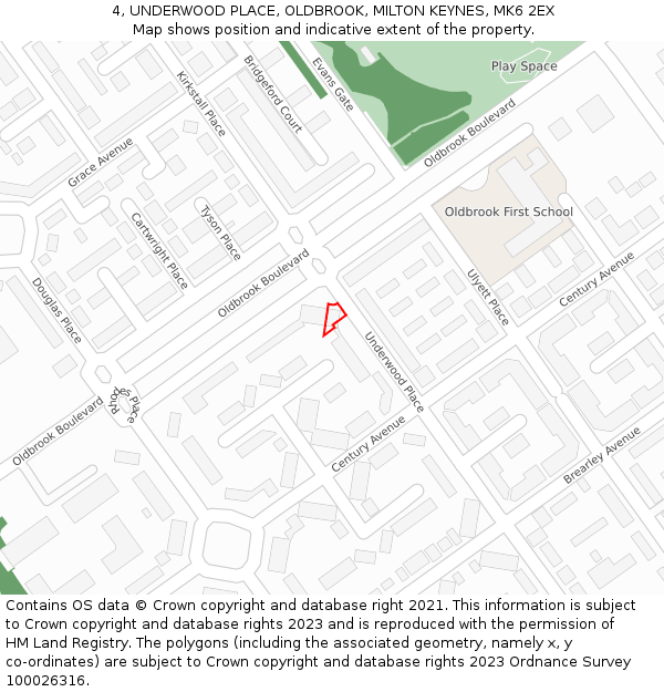 4, UNDERWOOD PLACE, OLDBROOK, MILTON KEYNES, MK6 2EX: Location map and indicative extent of plot