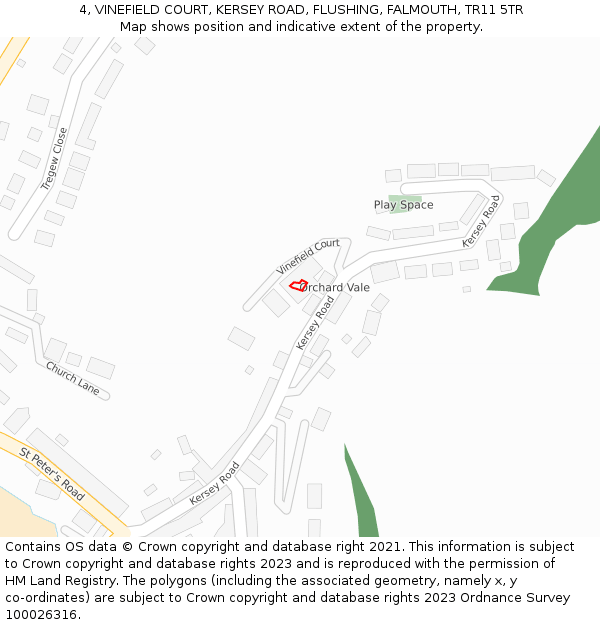 4, VINEFIELD COURT, KERSEY ROAD, FLUSHING, FALMOUTH, TR11 5TR: Location map and indicative extent of plot