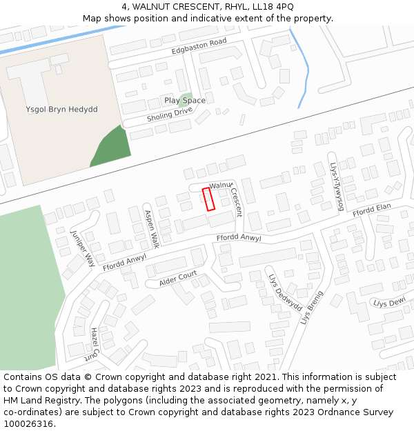 4, WALNUT CRESCENT, RHYL, LL18 4PQ: Location map and indicative extent of plot