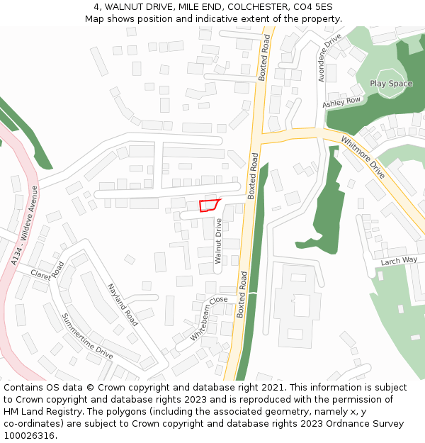 4, WALNUT DRIVE, MILE END, COLCHESTER, CO4 5ES: Location map and indicative extent of plot