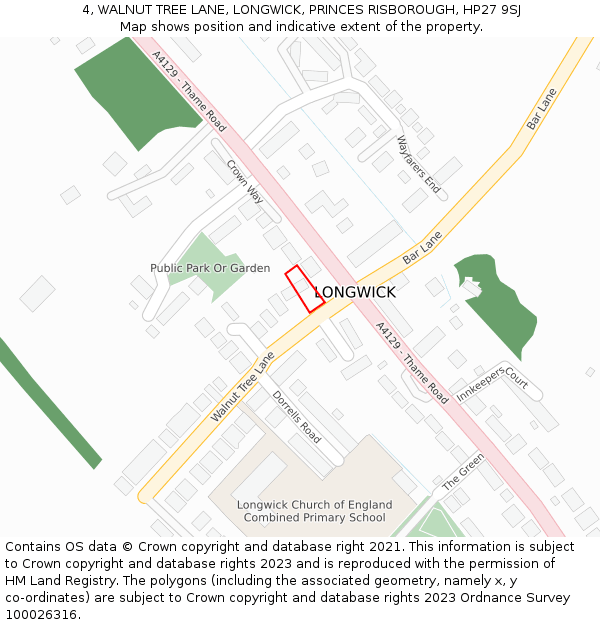 4, WALNUT TREE LANE, LONGWICK, PRINCES RISBOROUGH, HP27 9SJ: Location map and indicative extent of plot