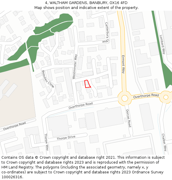 4, WALTHAM GARDENS, BANBURY, OX16 4FD: Location map and indicative extent of plot