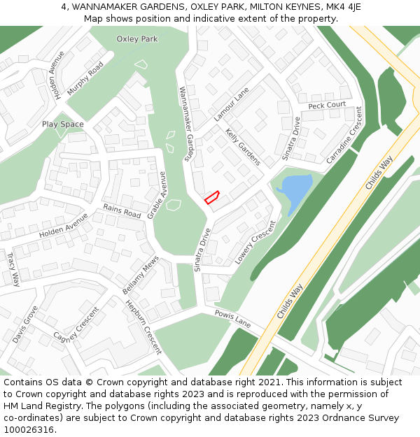 4, WANNAMAKER GARDENS, OXLEY PARK, MILTON KEYNES, MK4 4JE: Location map and indicative extent of plot