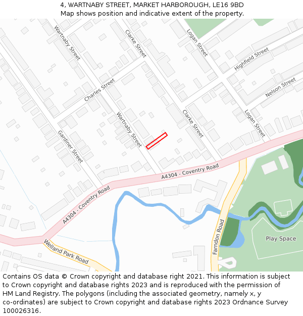 4, WARTNABY STREET, MARKET HARBOROUGH, LE16 9BD: Location map and indicative extent of plot