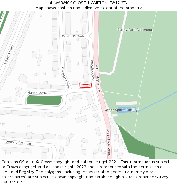 4, WARWICK CLOSE, HAMPTON, TW12 2TY: Location map and indicative extent of plot