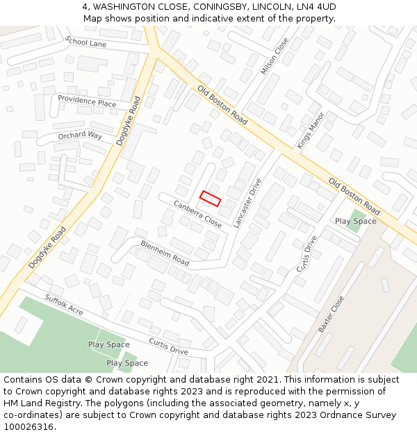 4, WASHINGTON CLOSE, CONINGSBY, LINCOLN, LN4 4UD: Location map and indicative extent of plot