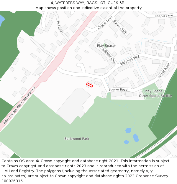 4, WATERERS WAY, BAGSHOT, GU19 5BL: Location map and indicative extent of plot