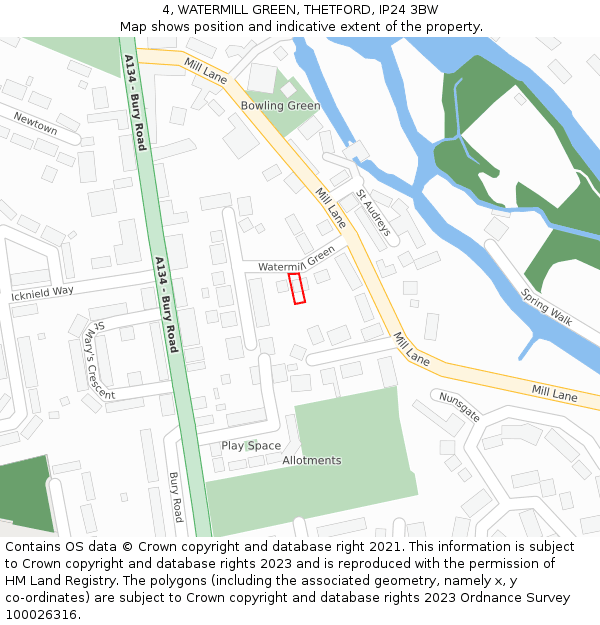 4, WATERMILL GREEN, THETFORD, IP24 3BW: Location map and indicative extent of plot