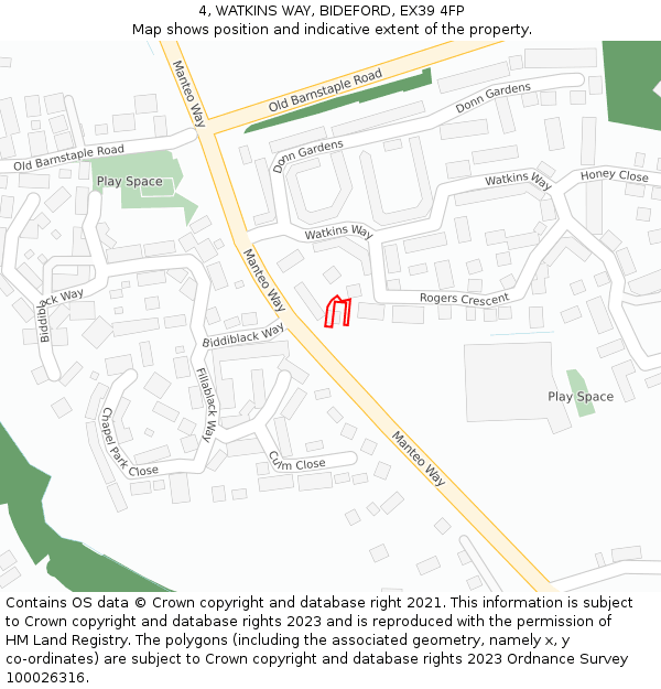 4, WATKINS WAY, BIDEFORD, EX39 4FP: Location map and indicative extent of plot