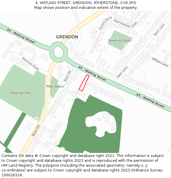 4, WATLING STREET, GRENDON, ATHERSTONE, CV9 2PG: Location map and indicative extent of plot