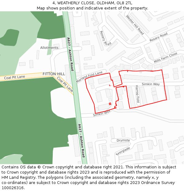 4, WEATHERLY CLOSE, OLDHAM, OL8 2TL: Location map and indicative extent of plot