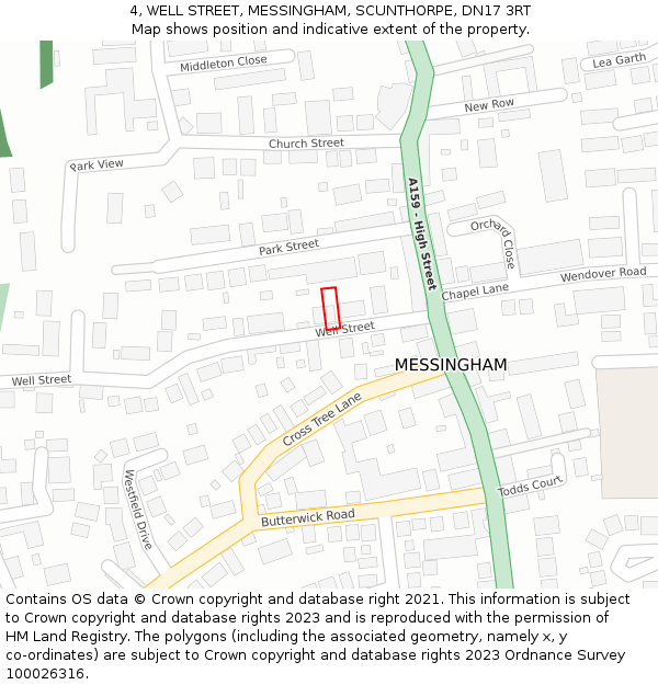 4, WELL STREET, MESSINGHAM, SCUNTHORPE, DN17 3RT: Location map and indicative extent of plot