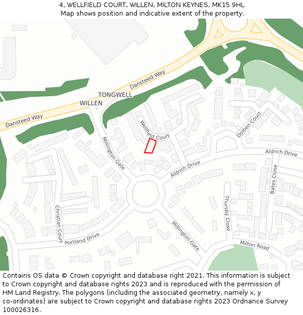 4, WELLFIELD COURT, WILLEN, MILTON KEYNES, MK15 9HL: Location map and indicative extent of plot