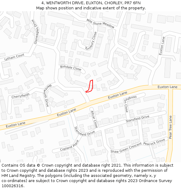 4, WENTWORTH DRIVE, EUXTON, CHORLEY, PR7 6FN: Location map and indicative extent of plot