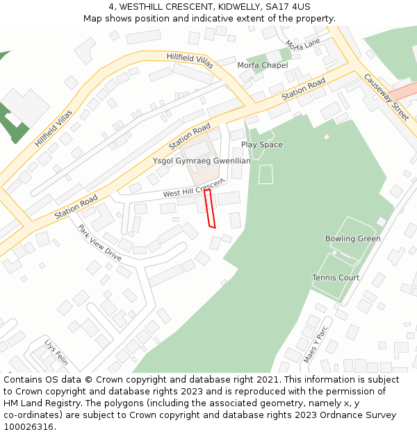 4, WESTHILL CRESCENT, KIDWELLY, SA17 4US: Location map and indicative extent of plot