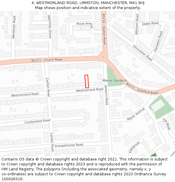 4, WESTMORLAND ROAD, URMSTON, MANCHESTER, M41 9HJ: Location map and indicative extent of plot