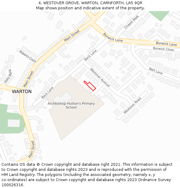 4, WESTOVER GROVE, WARTON, CARNFORTH, LA5 9QR: Location map and indicative extent of plot