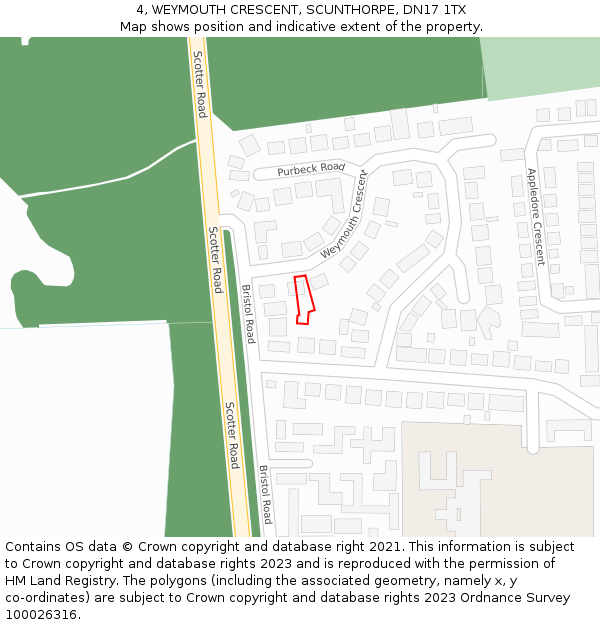 4, WEYMOUTH CRESCENT, SCUNTHORPE, DN17 1TX: Location map and indicative extent of plot