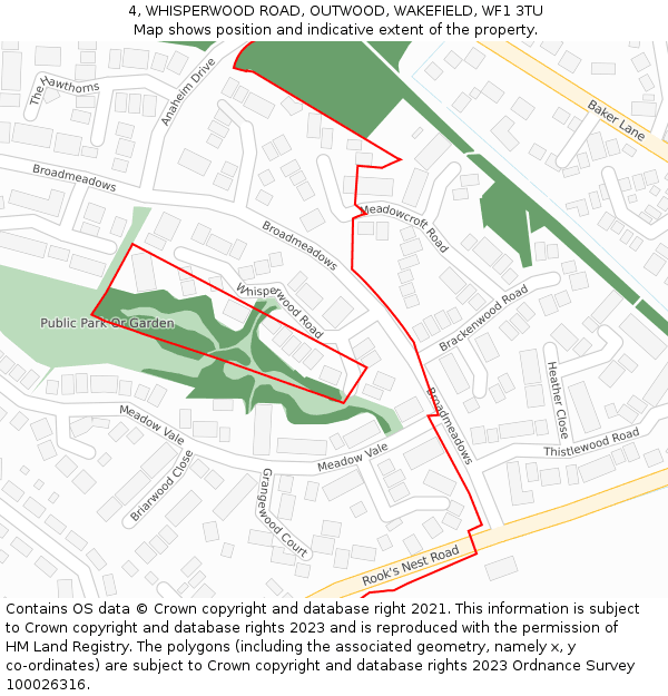 4, WHISPERWOOD ROAD, OUTWOOD, WAKEFIELD, WF1 3TU: Location map and indicative extent of plot