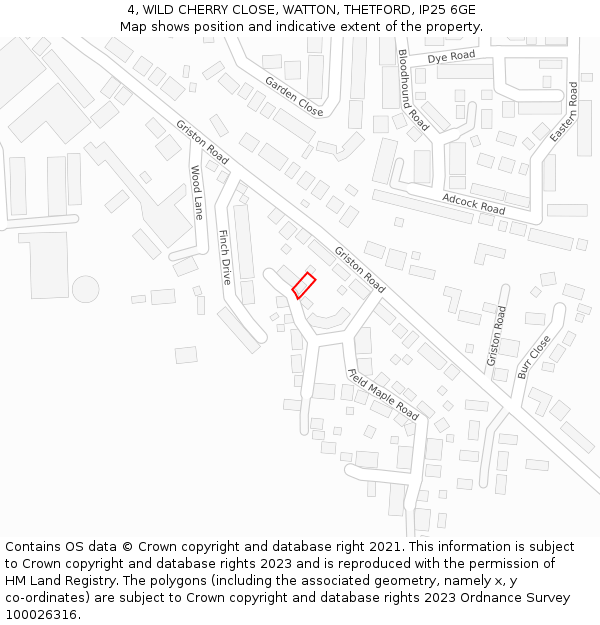 4, WILD CHERRY CLOSE, WATTON, THETFORD, IP25 6GE: Location map and indicative extent of plot
