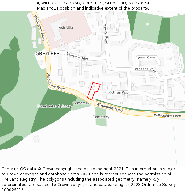 4, WILLOUGHBY ROAD, GREYLEES, SLEAFORD, NG34 8PN: Location map and indicative extent of plot