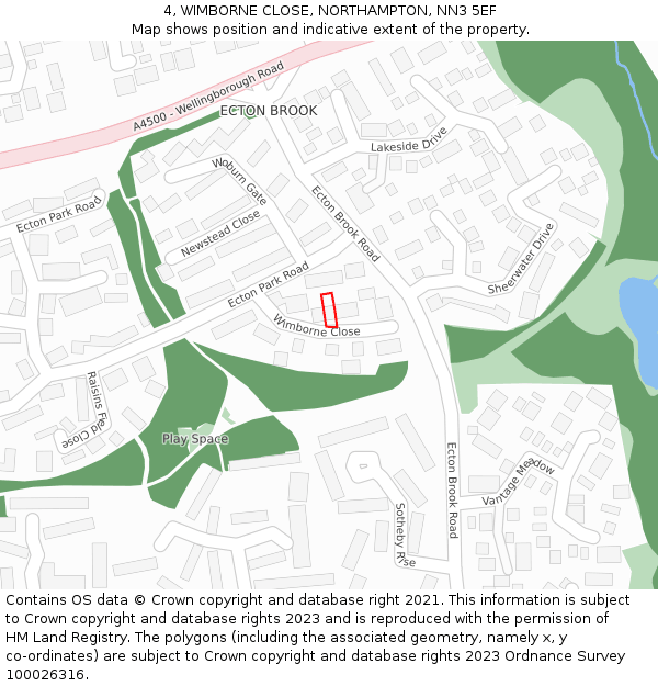 4, WIMBORNE CLOSE, NORTHAMPTON, NN3 5EF: Location map and indicative extent of plot