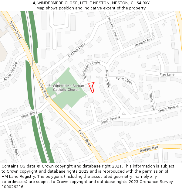 4, WINDERMERE CLOSE, LITTLE NESTON, NESTON, CH64 9XY: Location map and indicative extent of plot